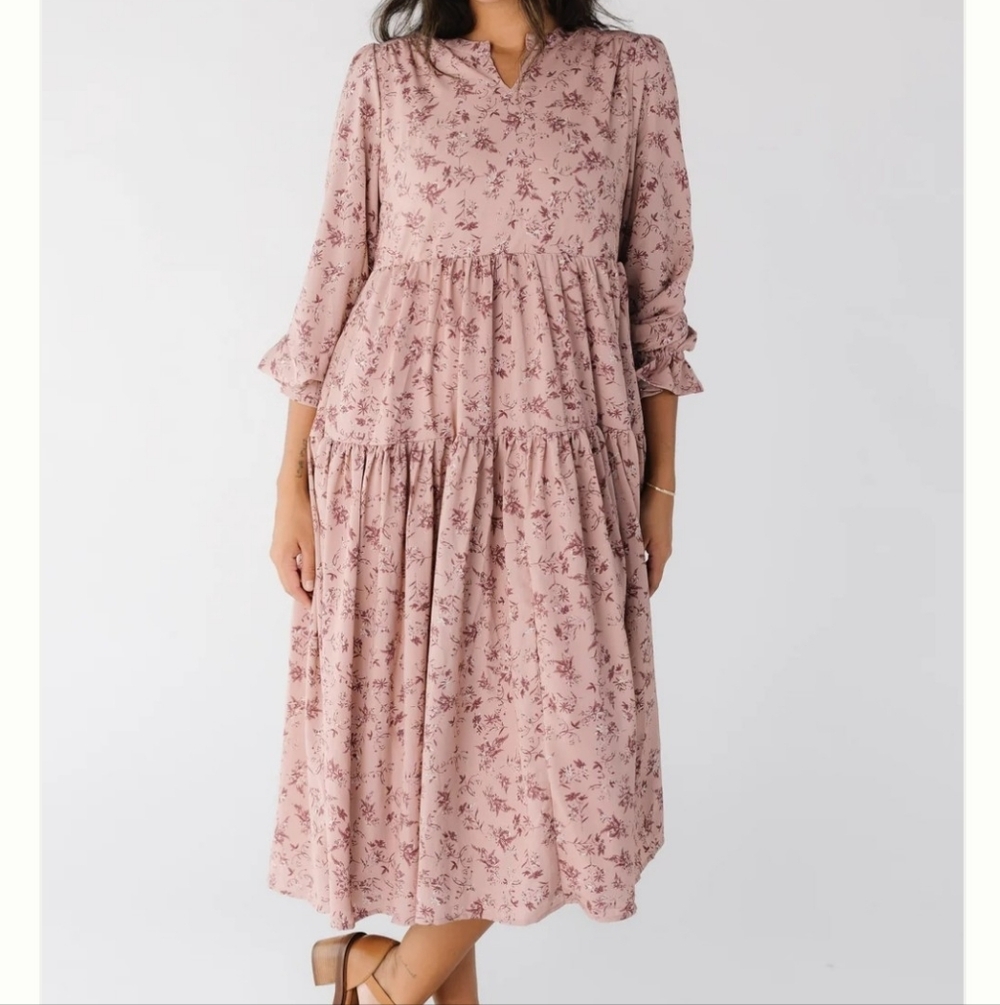 Brass + Roe Milkmaid Flowy Vintage Floral Tiered Dress Midi Length‎ Size Large